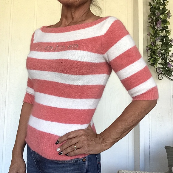 BEBE STRIPED FUZZY ANGORA SWEATER SMALL BELLINI/WHITE SMALL - Picture 3 of 15